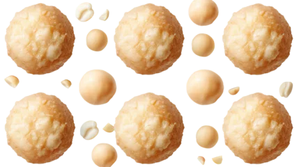 Fotobehang Set of golden macadamia nut cookies, digital art 3D illustration, top view flat lay on transparent background, ideal for gourmet dessert concepts and holiday food art. © Spear