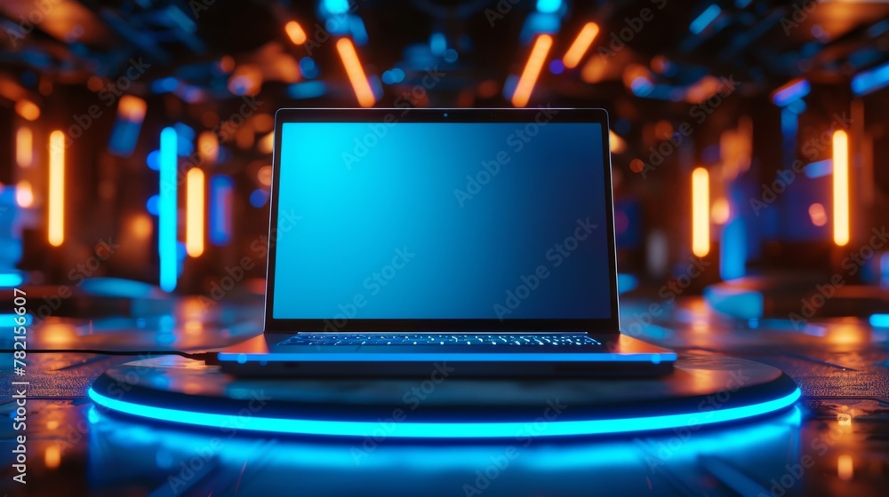 Poster an empty touch screen laptop on a futuristic podium with neon lighting from the podiums and a blank 