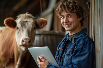 Young Farmer with Tablet Smiling Next to Cow in Barn
