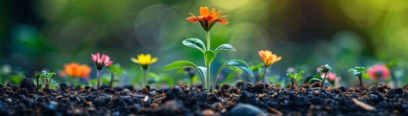 Simple image of a sprout growing among colorful flowers, representing new beginnings and peace, with space for text - obrazy, fototapety, plakaty