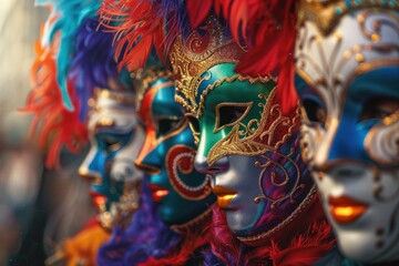 Colorful venetian masks with feathers on each side of the face in a row on display