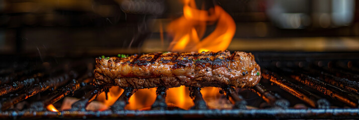 Sizzling Steak Grilling Over Open Flames on a Barbecue