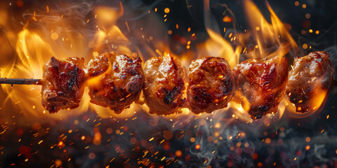 Sizzling Barbecue Meat Skewers Over Fiery Grill Flames