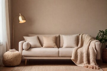 Cozy living room interior with beige sofa, knitted blanket, cushions, lamp, and beige wall with copy space.