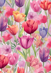 Fototapeta na wymiar 선명한 핑크, 보라, 빨간색 음영의 미니어처 수채화 스타일 튤립이 있는 예쁘고 봄 테마의 꽃 패턴 A pretty, spring-themed floral pattern with miniature, watercolor-style tulips in vibrant shades of pink, purple, and red