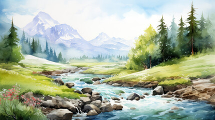 Alpine meadow with flowing river and distant mountains. Wall art wallpaper - obrazy, fototapety, plakaty
