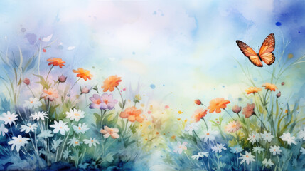 Fototapeta na wymiar Watercolor meadow with butterflies and wildflowers. Wall art wallpaper