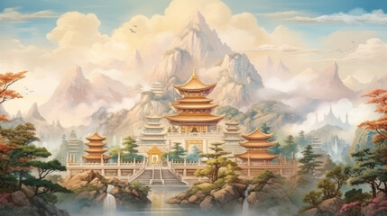 Sacred mountain temple scenery in ethereal watercolor haze. Wall art wallpaper - 782157230