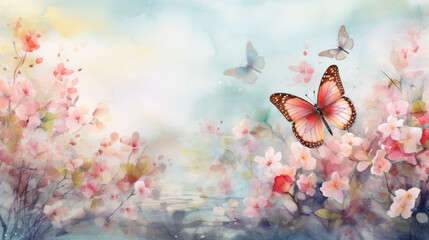 Pastel watercolor scene with butterflies and flowers. Wall art wallpaper - 782157234