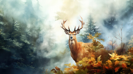 Fototapeta premium Majestic deer in misty forest watercolor illustration. Wall art wallpaper