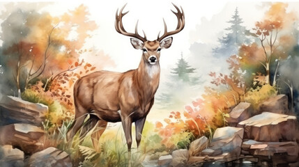 Fototapeta premium Stag standing on rocky forest terrain watercolor art. Wall art wallpaper
