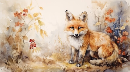 Fototapeta premium Watercolor fox portrait with fall foliage background. Wall art wallpaper