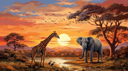 African savanna sunset with elephant and giraffe silhouettes. Wall art wallpaper