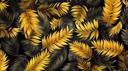 Luxurious pattern of gold tropical leaves on black. Wall art wallpaper