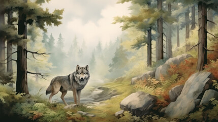 Fototapeta premium Majestic wolf on forest trail in hazy woodland setting. Wall art wallpaper