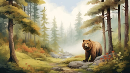 Solitary brown bear in misty forest landscape. Wall art wallpaper