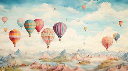 Colorful hot air balloons over misty mountain landscape. Wall art wallpaper