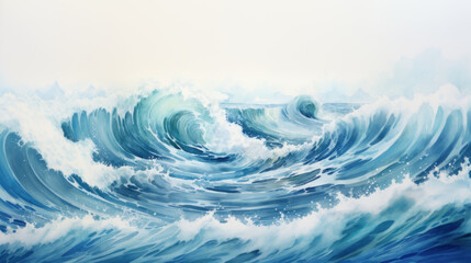 Crashing blue sea waves in watercolor art style. Wall art wallpaper