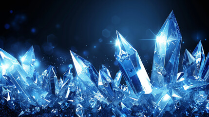 A blue crystal formation with a blue background. The crystals are cut into various shapes and sizes, and they are scattered throughout the image. Scene is serene and calming - obrazy, fototapety, plakaty