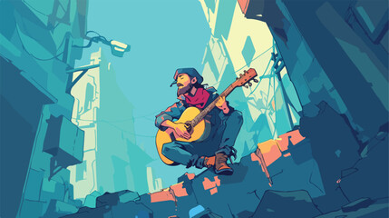 Sketch of street guitarist. Vector outlines and sil