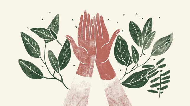 An illustration depicting the concept of mindfulness with two open hands facing upwards in a gesture of acceptance and peace, symbolizing the practice of embracing the present moment without judgment.