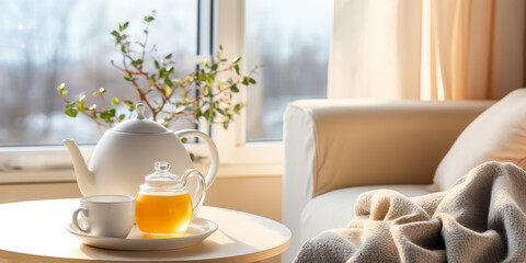 Fototapeta na wymiar Cozy Winter Morning with Hot Tea and Serene Nature View