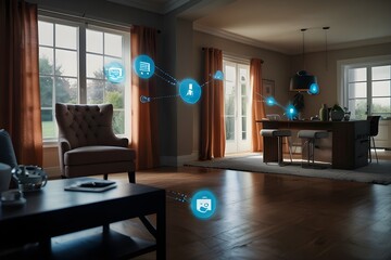 illustrate the concept of the Internet of Things with an image of a smart home, featuring various connected devices and appliances, shot from a low angle with a wide-angle lens to showcase the entire  - obrazy, fototapety, plakaty