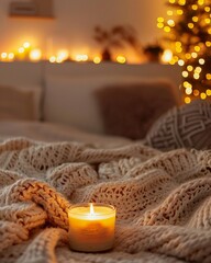 Obraz na płótnie Canvas Cozy hygge room with soft knit blankets, candle glow, eyelevel, warm amber tones
