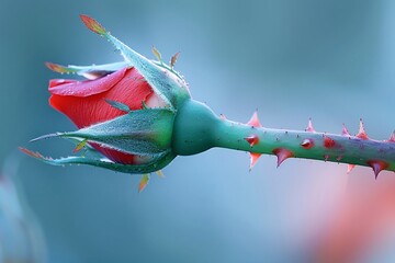 The sharp thorns of a rose stem, protective beauty, contrast between soft petals and hard defenses - obrazy, fototapety, plakaty