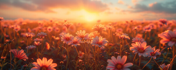 Serene Sunset over Blooming Daisy Field - obrazy, fototapety, plakaty