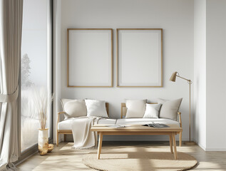 mock up poster frame in Simple beige interior, living room, Scandinavian style, 3D render, 3D illustration