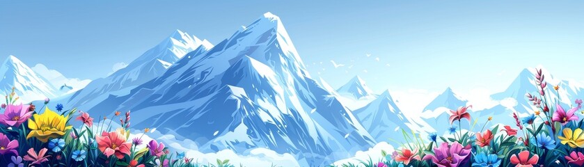 Cartoon of a snowy peak with vibrant flowers poking through, symbolizing the emergence of peace and beauty, with text space