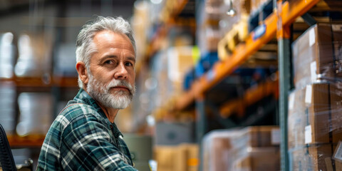 Mature Warehouse Worker Overseeing Inventory in a Large Distribution Center