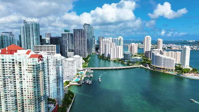 4k Drone Video city skyline with river and bridge Brickell miami fl business district 