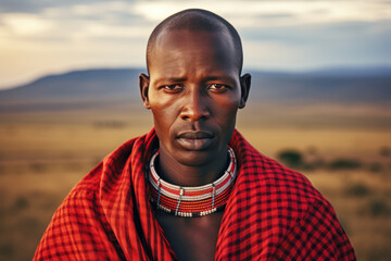 Masai man in traditional attire on African savanna