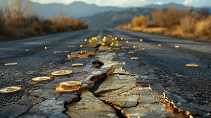 An image depicting a damaged asphalt road with numerous shiny gold coins wedged into its deep cracks, symbolizing the pervasive issues of corruption and bribery in society. - obrazy, fototapety, plakaty