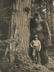 Old vintage aged mystery photograph of a park ranger standing with a giant bigfoot cryptid sasquatch creature in the forest