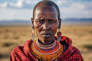 Portrait of Masai woman with colorful necklace - obrazy, fototapety, plakaty