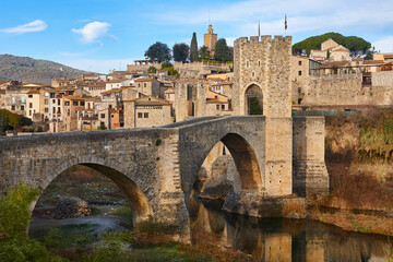 Medieval village of Besalu. Stone bridge. Garrotxa. Girona, Catalonia. Spain