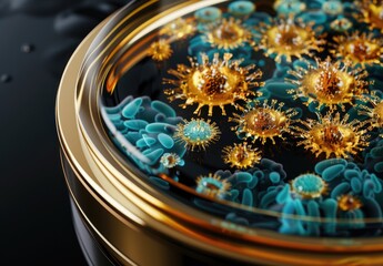 A highly detailed petri dish concept, featuring a diverse array of stylized microorganisms, suggestive of scientific research.