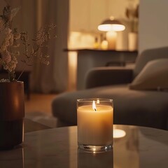 
Cozy, minimalist and modern room gently illuminated by a candle lit inside a glass container. Serene atmosphere with warm lighting and elegant decor. Evokes a feeling of relaxation and sophistication