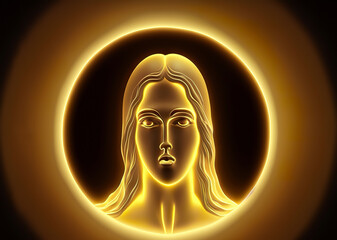 Frontally, the face of a celestial being with a circular golden aura.