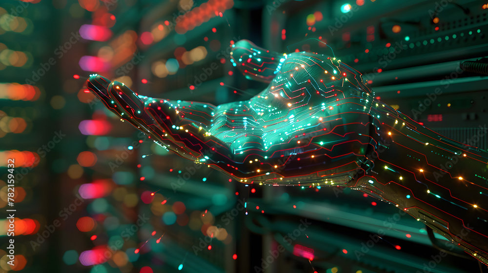 Poster a humanoid hand with glowing digital circuit patterns over a backdrop of server racks. futuristic sc