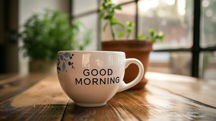 White cup with GOOD MORNING text