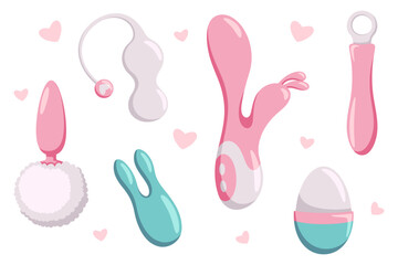 Collection of different sex toys for women and men. Cute cartoon vector objects.