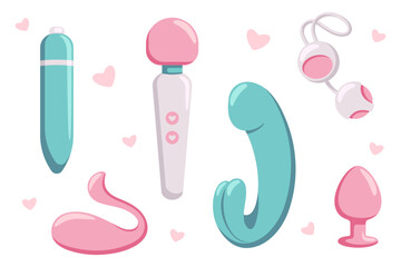 Collection of different sex toys for women and men. Cute cartoon vector objects. - obrazy, fototapety, plakaty