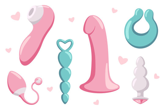 Collection of different sex toys for women and men. Cute cartoon vector objects.