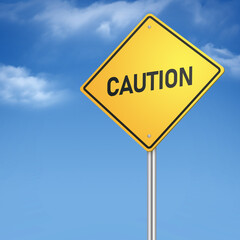 Yellow transportation sign post with caution word on blue sky with cloud background and have copy space