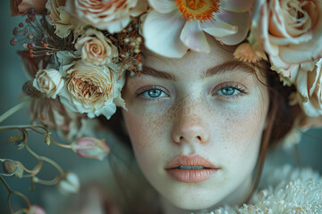 Ethereal Portrait of a Woman Adorned with Delicate Spring Blooms