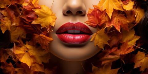 Autumn Sensuality: Woman's Lips Amidst Vibrant Fall Leaves